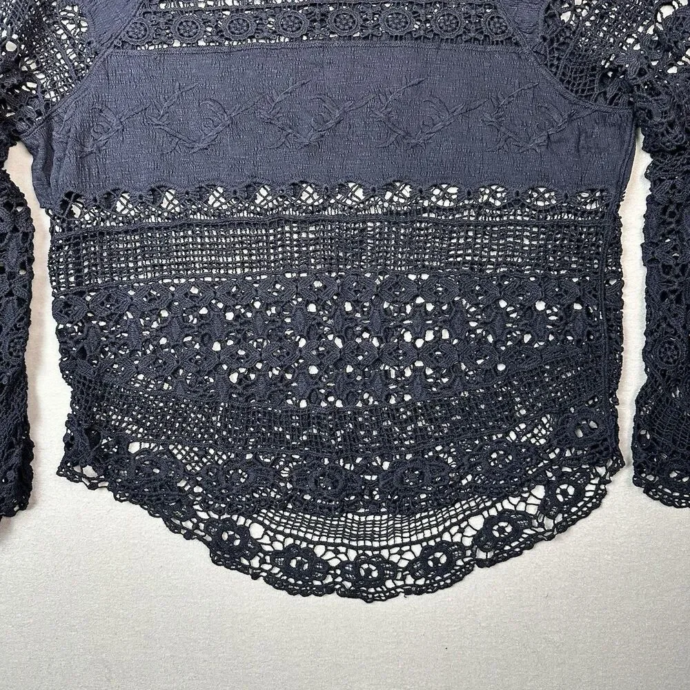 Anthropologie Deletta Crochet Lace Top Navy Blue Sz L Witchy Boho Coquette